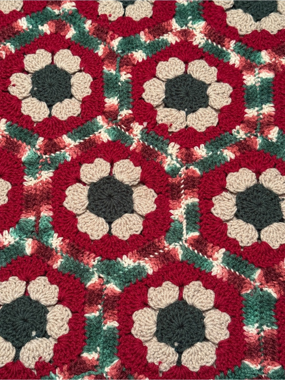 Handmade Afghan Throw - Red, Green, Cream